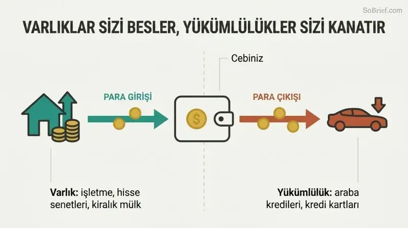 A mirrored split panel showing an asset pouring money into a wallet while a liability drains money out of it.