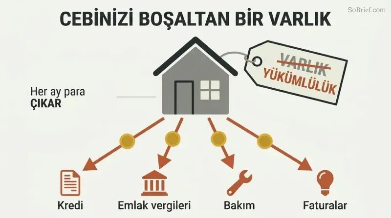 A house with its "asset" label crossed out and corrected to "liability," with money draining downward into four monthly expenses.