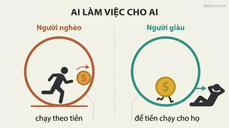 Two mirrored panels contrast a person running on a wheel chasing money against a relaxed person whose money runs the wheel for them.