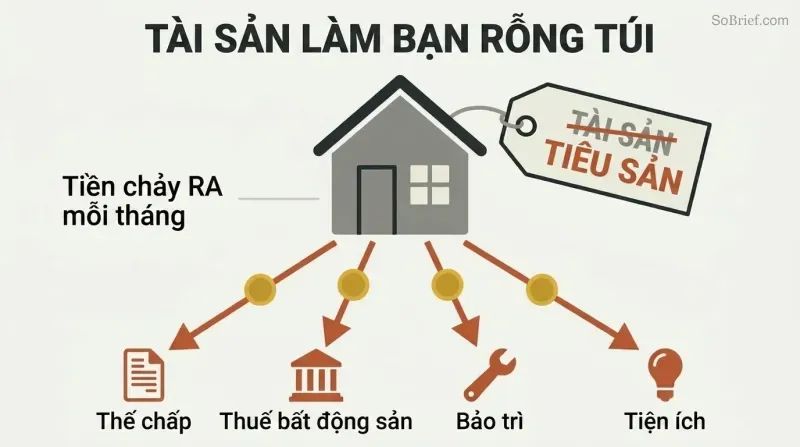 A house with its "asset" label crossed out and corrected to "liability," with money draining downward into four monthly expenses.
