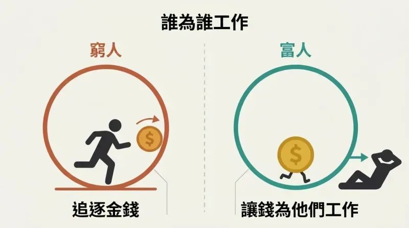 Two mirrored panels contrast a person running on a wheel chasing money against a relaxed person whose money runs the wheel for them.