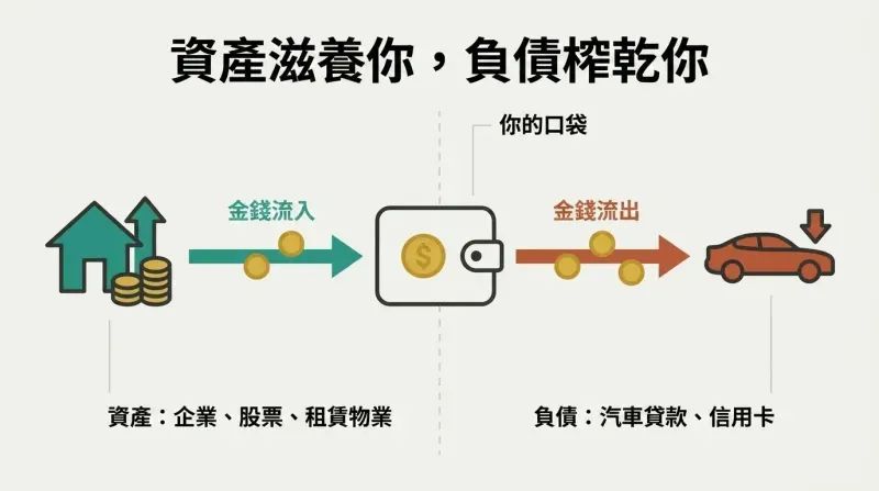 A mirrored split panel showing an asset pouring money into a wallet while a liability drains money out of it.