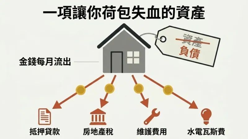 A house with its "asset" label crossed out and corrected to "liability," with money draining downward into four monthly expenses.