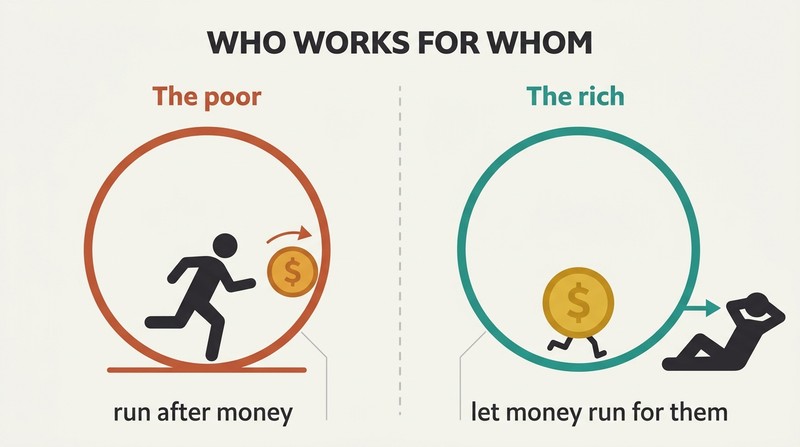 Two mirrored panels contrast a person running on a wheel chasing money against a relaxed person whose money runs the wheel for them.