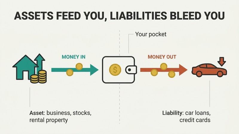 A mirrored split panel showing an asset pouring money into a wallet while a liability drains money out of it.
