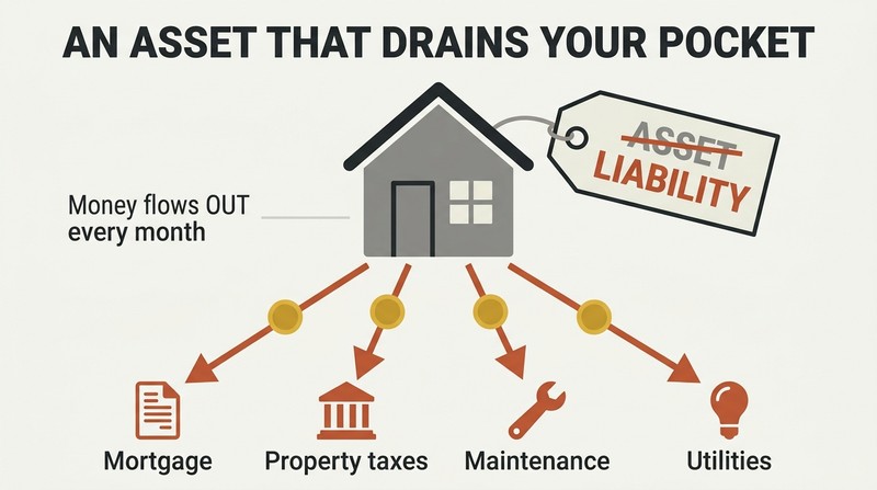 A house with its "asset" label crossed out and corrected to "liability," with money draining downward into four monthly expenses.