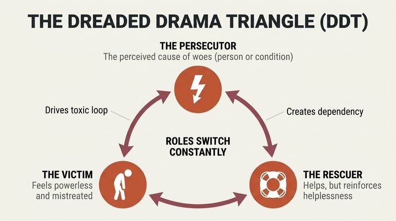 Triangular diagram displaying the three interlocking roles of the Drama Triangle: Victim, Persecutor, and Rescuer, connected by looping arrows that show constant role switching.