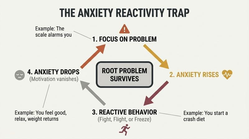 Diamond loop diagram showing how reacting to anxiety instead of the root problem creates a continuous cycle of temporary relief and relapse.