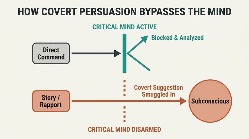 Split comparison diagram showing how direct commands are blocked by an active critical mind, while storytelling and rapport disarm the critical filter to let suggestions slip directly into the subconscious.