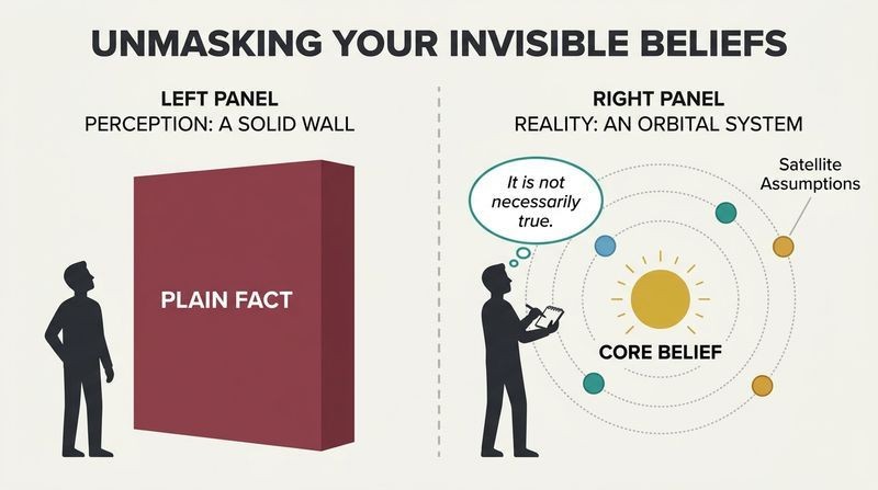 Split-panel diagram showing how a seemingly unyielding "plain fact" is actually an unexamined "core belief" holding a system of smaller assumptions in orbit.