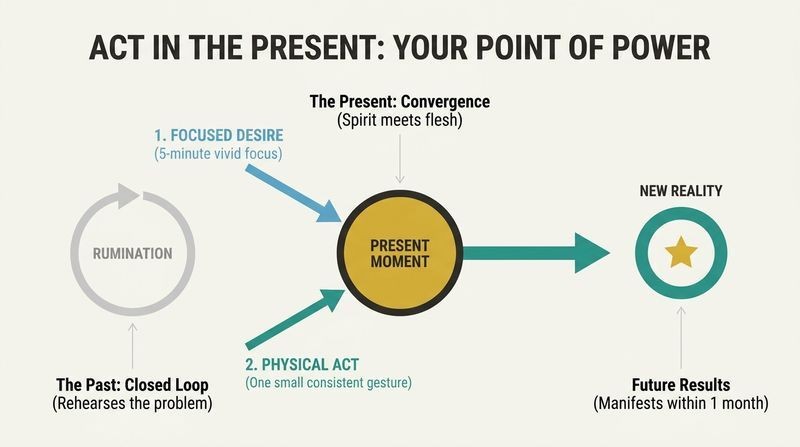 A diagram showing the present moment as the point of power, where mental focus and a small physical act converge to create future results, contrasted against a closed loop of past rumination.
