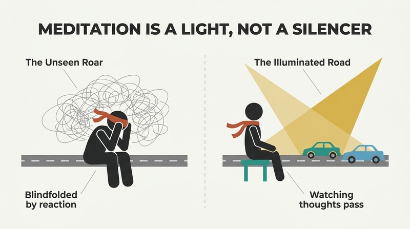 Split panel comparison showing a blindfolded person overwhelmed by unseen mental traffic versus a mindful observer watching passing cars illuminated by a golden spotlight.