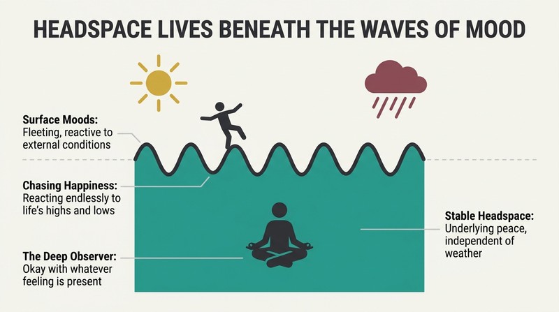 Cross-section diagram contrasting a chaotic surface wave of fleeting emotions with a calm, deep block of stable headspace below.
