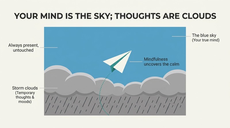 Layered diagram showing stormy dark clouds at the bottom representing temporary thoughts, and a clear blue sky at the top representing the naturally calm mind, with a small plane rising above the storm.