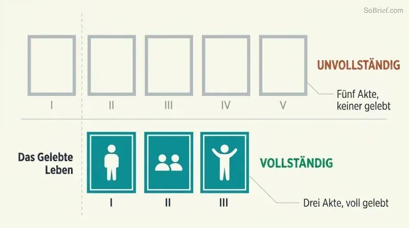 Split comparison showing five empty act panels labeled incomplete above three filled act panels labeled complete, revealing that duration without living is the real shortness.