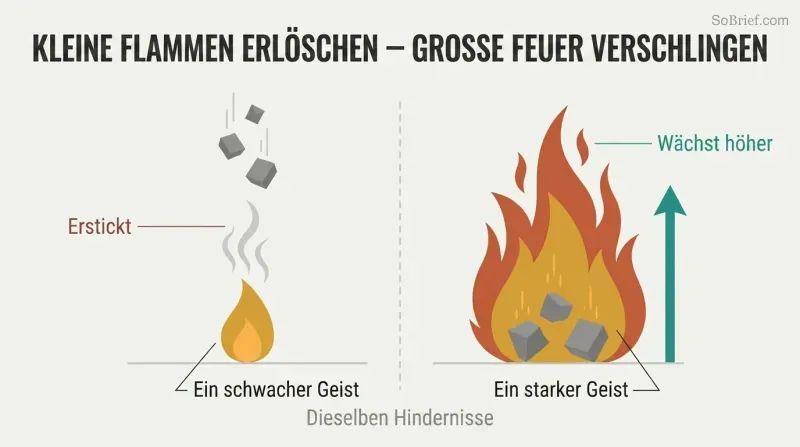 Split panel comparing a small flame extinguished by falling debris on the left with a large bonfire that grows taller from the same debris on the right.
