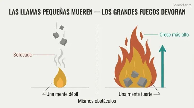 Split panel comparing a small flame extinguished by falling debris on the left with a large bonfire that grows taller from the same debris on the right.