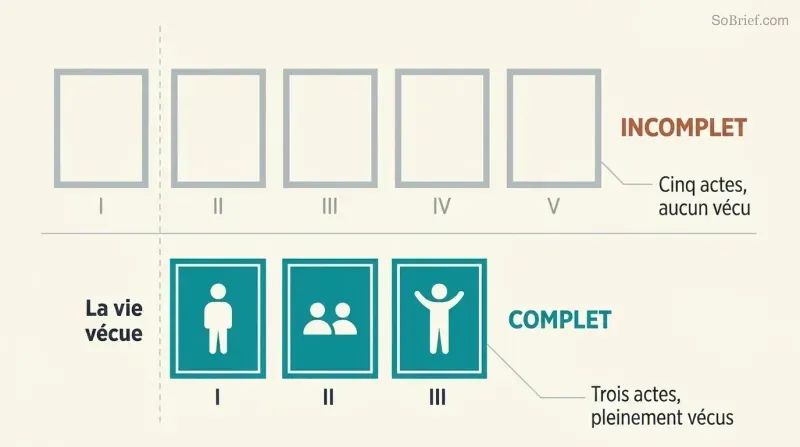 Split comparison showing five empty act panels labeled incomplete above three filled act panels labeled complete, revealing that duration without living is the real shortness.