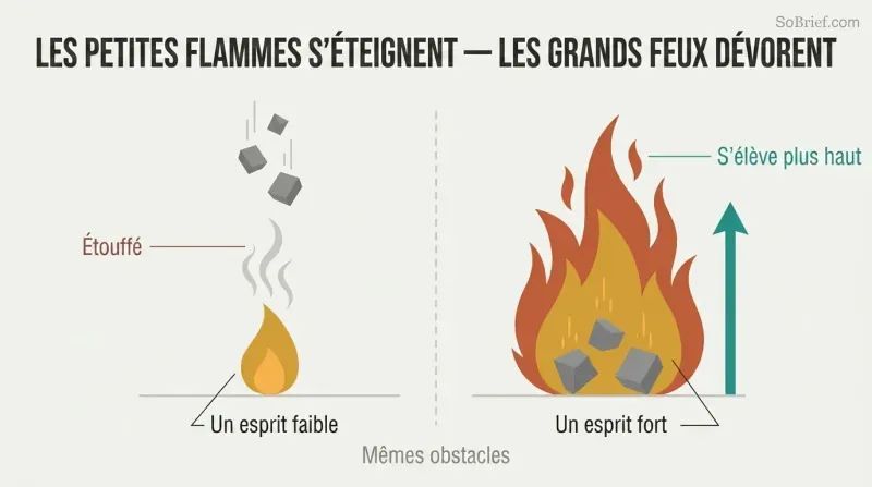 Split panel comparing a small flame extinguished by falling debris on the left with a large bonfire that grows taller from the same debris on the right.