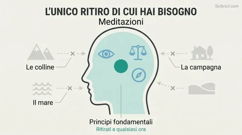 Profile silhouette of a head containing a calm teal interior with principle icons, surrounded by grayed-out external retreat symbols of mountains, waves, and countryside.