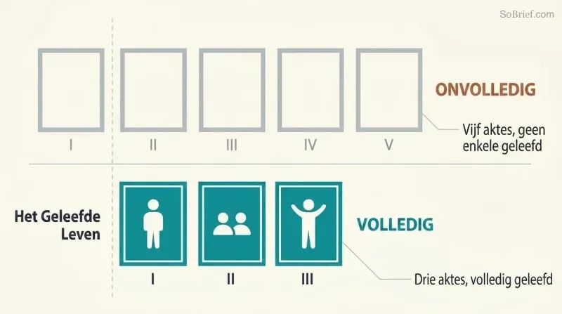 Split comparison showing five empty act panels labeled incomplete above three filled act panels labeled complete, revealing that duration without living is the real shortness.
