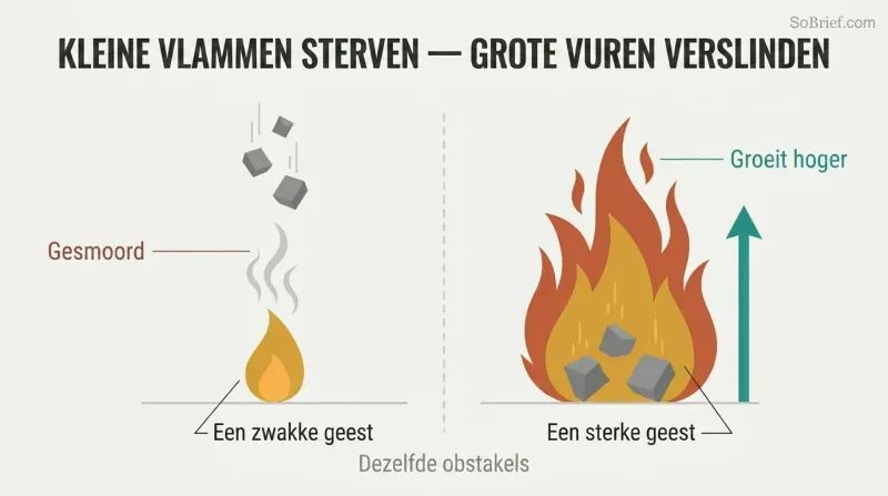 Split panel comparing a small flame extinguished by falling debris on the left with a large bonfire that grows taller from the same debris on the right.