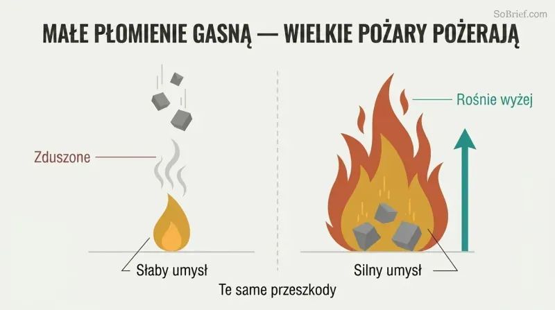 Split panel comparing a small flame extinguished by falling debris on the left with a large bonfire that grows taller from the same debris on the right.