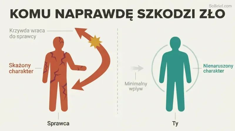 Split panel comparing a cracking wrongdoer figure whose harmful arrow curves back into themselves against a solid, intact recipient figure.