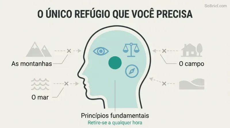 Profile silhouette of a head containing a calm teal interior with principle icons, surrounded by grayed-out external retreat symbols of mountains, waves, and countryside.