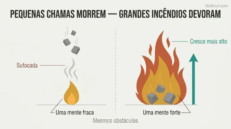 Split panel comparing a small flame extinguished by falling debris on the left with a large bonfire that grows taller from the same debris on the right.