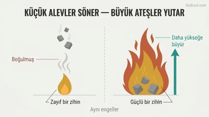 Split panel comparing a small flame extinguished by falling debris on the left with a large bonfire that grows taller from the same debris on the right.