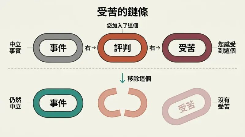 Split diagram showing a three-link chain of event, judgment, and suffering intact on top, then the same chain with the judgment link removed and suffering gone on the bottom.