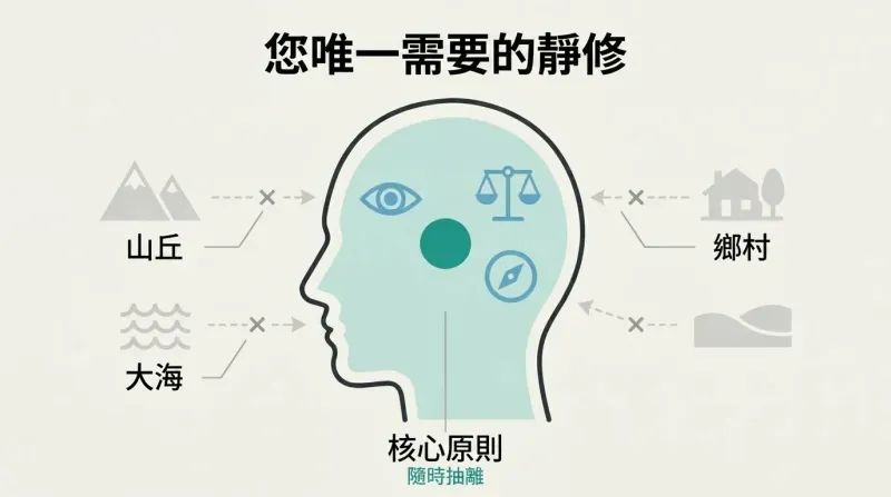 Profile silhouette of a head containing a calm teal interior with principle icons, surrounded by grayed-out external retreat symbols of mountains, waves, and countryside.