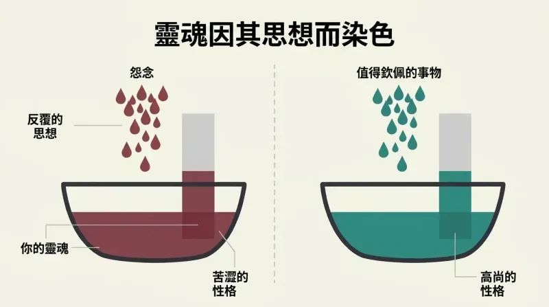 Split panel showing two fabric strips being dipped into dye vats, one absorbing dark bitter color from negative thoughts, the other absorbing bright teal from positive thoughts.