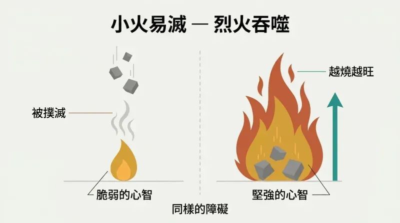 Split panel comparing a small flame extinguished by falling debris on the left with a large bonfire that grows taller from the same debris on the right.