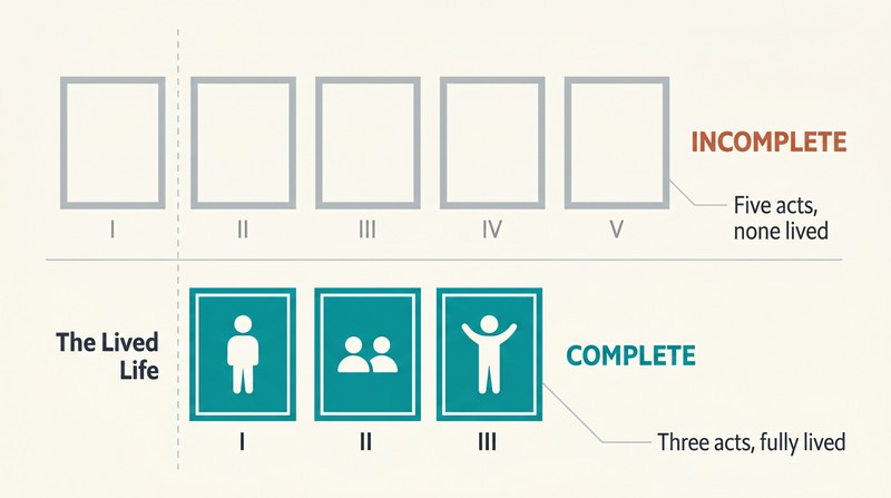 Split comparison showing five empty act panels labeled incomplete above three filled act panels labeled complete, revealing that duration without living is the real shortness.