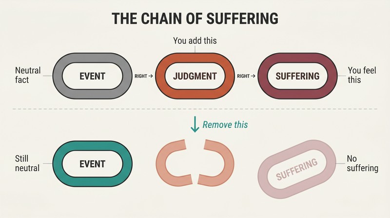 Split diagram showing a three-link chain of event, judgment, and suffering intact on top, then the same chain with the judgment link removed and suffering gone on the bottom.