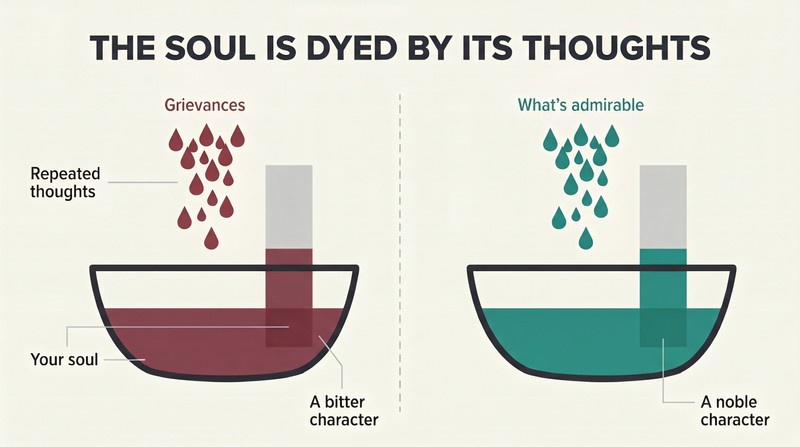 Split panel showing two fabric strips being dipped into dye vats, one absorbing dark bitter color from negative thoughts, the other absorbing bright teal from positive thoughts.
