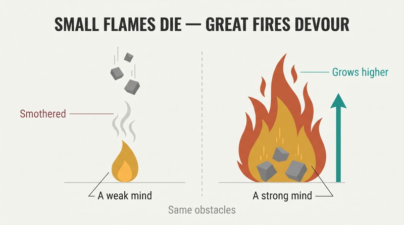 Split panel comparing a small flame extinguished by falling debris on the left with a large bonfire that grows taller from the same debris on the right.