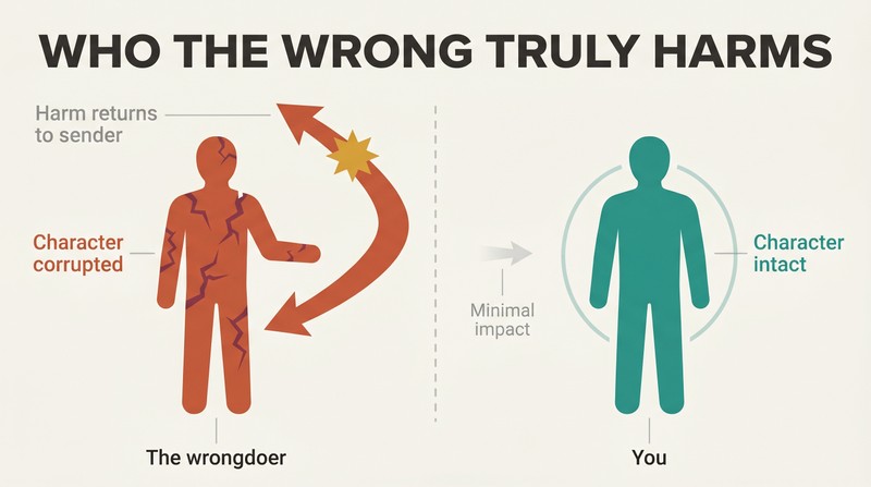 Split panel comparing a cracking wrongdoer figure whose harmful arrow curves back into themselves against a solid, intact recipient figure.