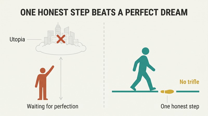 Split panel contrasting a figure frozen while reaching toward a distant floating city with a figure striding forward on solid ground, one footprint behind them.
