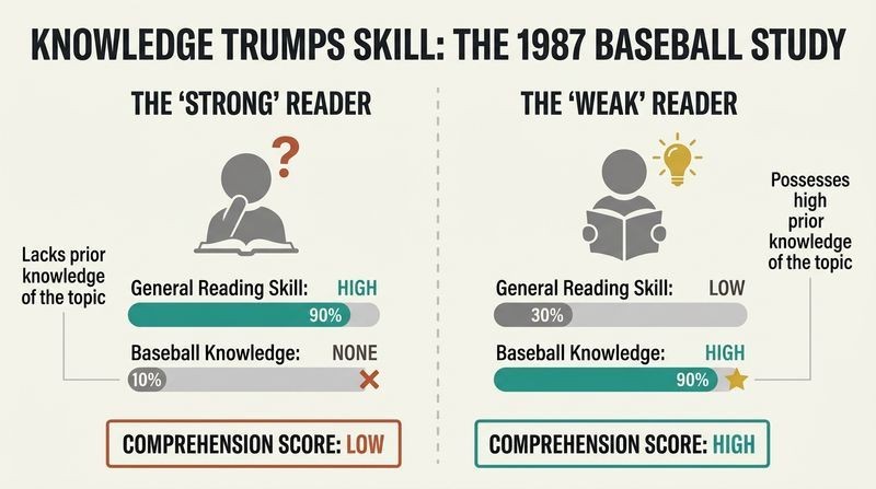 Split-panel diagram showing that weak readers with prior baseball knowledge outperform strong readers who lack knowledge when reading about baseball.