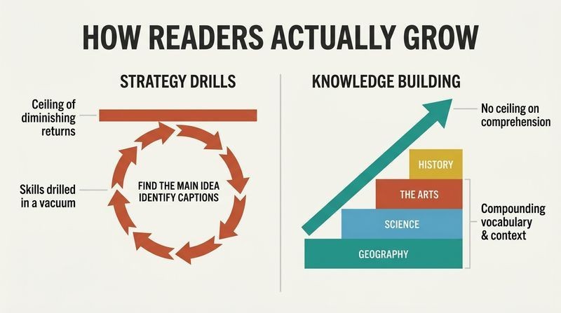 Split panel diagram comparing the flat ceiling of abstract strategy drills to the limitless compounding growth of content-rich knowledge building.