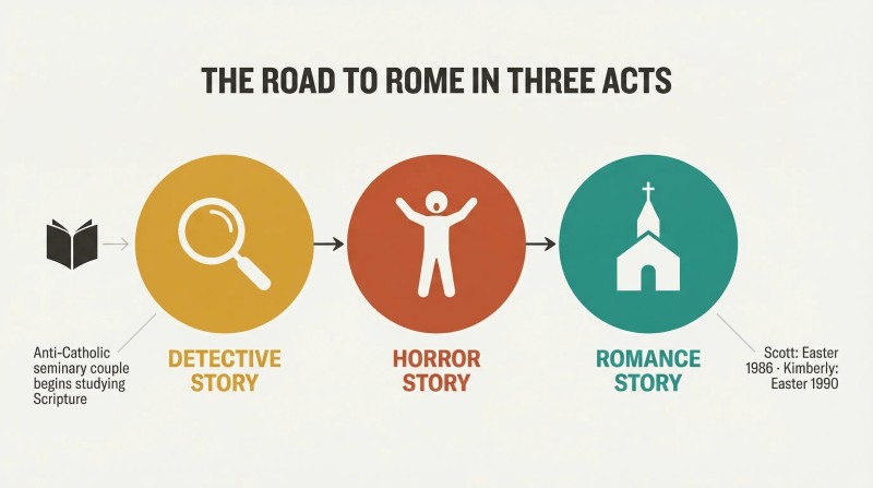 Three colored circles in sequence — amber, terracotta, teal — each containing an icon representing detective, horror, and romance phases of a conversion journey ending at a church.
