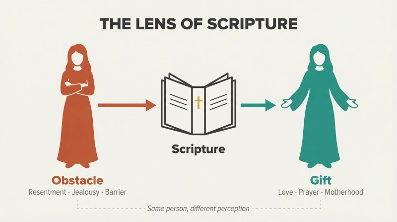 Three-stage transformation showing a rigid terracotta silhouette labeled Obstacle becoming a welcoming teal silhouette labeled Gift, with an open Bible as the central catalyst.