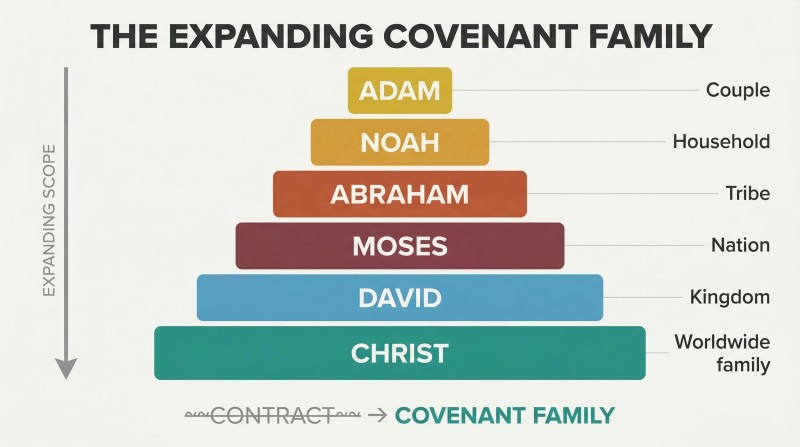 Six-layer pyramid widening from Adam's marriage at the top to Christ's worldwide family at the base, showing how each biblical covenant expanded God's family.