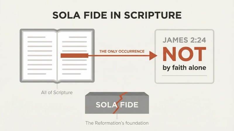 Open Bible with one highlighted line among many, zoomed to reveal James 2:24 reading "NOT by faith alone," above a cracked foundation labeled Sola Fide.