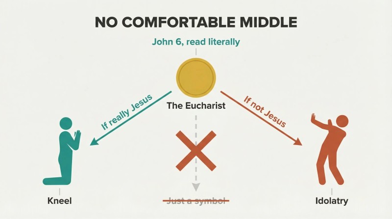 Three paths fork downward from a golden Host: kneeling reverence on the left, recoiling from idolatry on the right, and a crossed-out center path labeled "just a symbol."