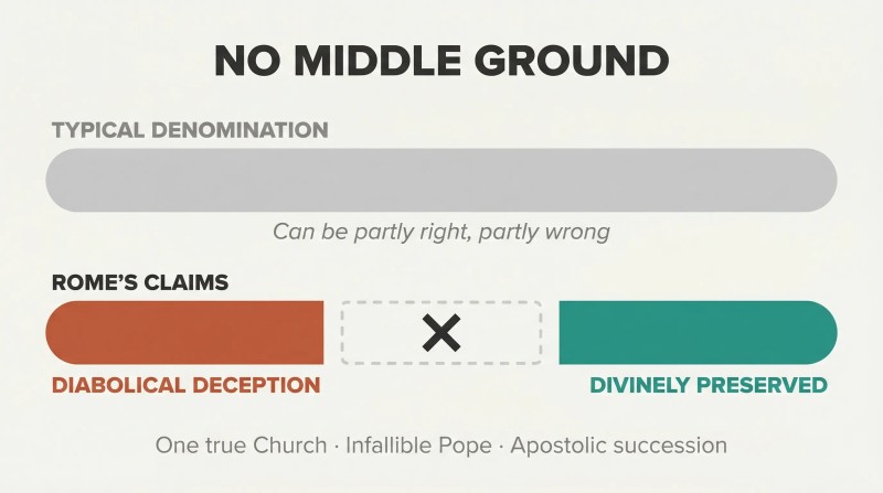 Continuous spectrum for typical denominations contrasted with Rome's broken spectrum, showing no middle ground between divine truth and diabolical deception.