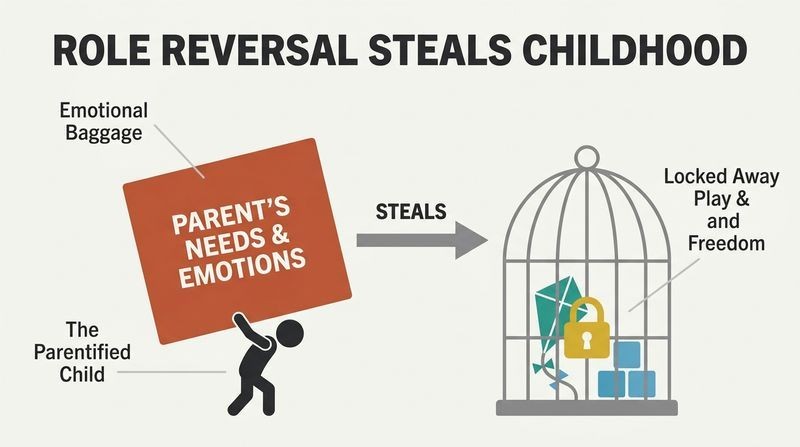 Split diagram showing a small child silhouette carrying a massive terracotta block labeled "Parent's Needs" next to a locked cage containing a colorful kite and toy blocks.
